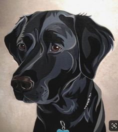 a painting of a black dog with a blue tag on it's collar is shown