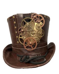 This is a brown Steampunk leatherette top hat by SDL.  It has rustic studding detail. Fully lined it has a front and back corseted . It has a metal cog front detail  please refer to photos .  Please note any markings or creases in the leatherette fabric is not a defect but characteristic and nature of the fabric . Any tracings of glue is not a defect this is a hand created hat  This is a size  60 Cm  Thank you for looking Steam Punk Diy, Moda Steampunk, Steampunk Top, Mode Steampunk, Steampunk Couture, Steampunk Top Hat, Steampunk Crafts, Steampunk Goggles, Steampunk Hat