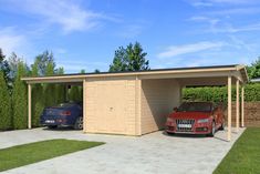 two cars are parked in the garage next to each other and one car is on the driveway