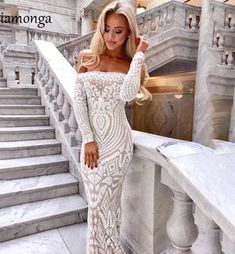 Off Shoulder Maxi White Long Dress · KoKo Fashion · Online Store Powered by Storenvy Luxury White Maxi Dress With Sweep Train, Long White Mermaid Dress, Sequin Mesh Dress, Fishtail Dress, Fitted Sleeves, Sequin Bodycon Dress, Long White Dress, Embroidered Maxi Dress, White Dresses For Women