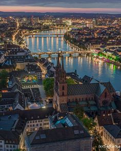 an aerial view of a city at night