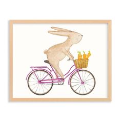 a white rabbit riding a pink bicycle with carrots in the basket on it's back