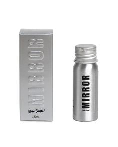 an aluminum bottle next to a silver box on a white background with the word mirror written in it