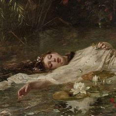 a painting of a woman laying on the ground in water with lily pads and flowers