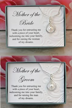 mother of the bride and groom necklaces in their wedding day gift box with poem