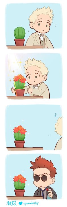 an animated comic strip with two people in front of a potted plant