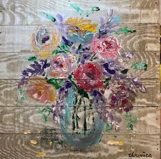 an oil painting of flowers in a vase on a wooden planked wall, painted with acrylic paint