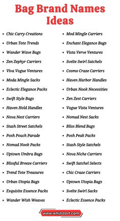 I know how important it is to have a name that fits your brand and appeals to your target audience. In this list, you’ll find names that are catchy, easy to remember, and reflect your brand’s values.  By the end of this article, you’ll have plenty of options to choose from to make sure your bag brand stands out. Whether you’re looking for something trendy, classic, or innovative, this Bag Brand Names List has something for everyone. Let’s work together to find the perfect name for your bag brand! Name For Bags Brand, Bag Brand Name Ideas, Bag Shop Name Ideas, Store Names Ideas, Cozy Core, Tote Bag Business, Unique Business Names, Shop Name Ideas, Luxury Bag Brands