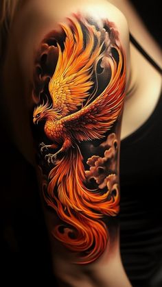 a woman's arm with an orange and black bird on it