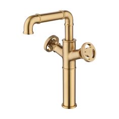 an antique brass faucet with two handles and nozzles on the side