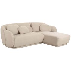 a large sectional couch with pillows on the back and armrests, in beige fabric