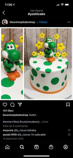 the cake is decorated in green and white polka dots with an image of a frog on top