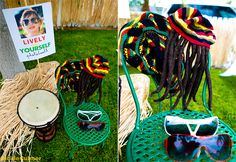 two pictures of hats, sunglasses and other items on display at an outdoor event in the grass