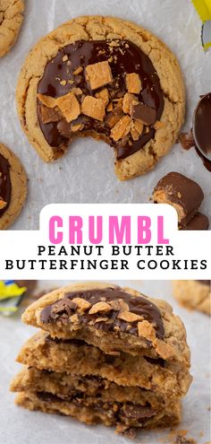 peanut butter and chocolate cookies are stacked on top of each other