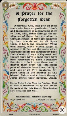 a prayer for the forgotten dead with an ornate border and colorful swirls on it