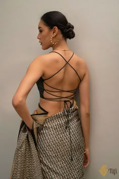 Black Strappy Satin Silk Blouse - Tilfi Black Blouse Designs, Saree Styling, Sari Design, Simple Saree Designs, Choli Blouse