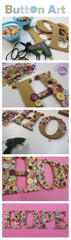 the letters are made out of buttons and paper with scissors on them, and then cut into