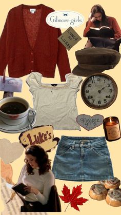 a collage of women's clothing and items including a sweater, skirt, coffee cup, clock, hat, purse