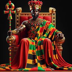 A regal figure seated on a throne, exuding a sense of majesty and authority. He is adorned in traditional African royal attire, featuring vibrant kente cloth with rich red, green, gold, and black patterns, symbolizing royalty and cultural significance. He is wearing an elaborate crown and necklace, both detailed with gold and jewels, adding to the opulence of the attire. In hand, a scepter with a distinctive design suggesting power and leadership. The throne itself is luxurious, with red and gold tones and intricate designs that complement the grandeur of the garments. The backdrop is a deep black, which serves to highlight and contrast the brilliant colors of the clothing and throne, focusing the attention on the figure's dignified and commanding presence. African Crown, Black Gods, African Superhero, Royal Attire, African King, Black Royalty, King Black, Black God, African Royalty