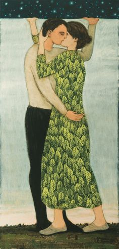 a painting of two people hugging each other