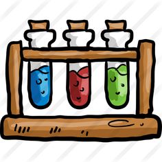 three test tubes filled with colored liquids in front of a wooden frame on a white background