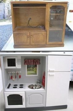 the before and after pictures show how to make a miniature kitchen