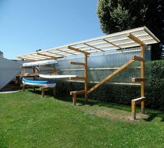 an outside area with some benches and a water slide