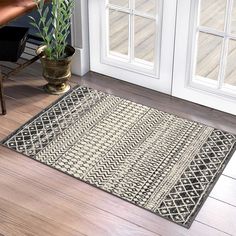 a rug on the floor next to a chair and potted plant in front of a door