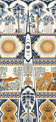 an art nouveau design with blue and orange colors