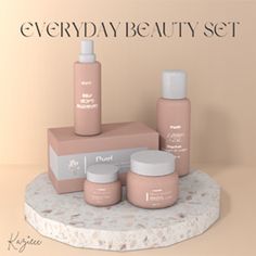 the products are arranged on top of each other in front of a sign that says everyday beauty set