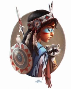 a painting of a native american girl holding a raccoon