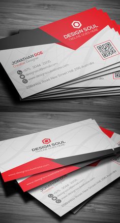 two sided business card with red and black accents on the front, one side and bottom