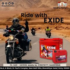 an ad for rid with exide motorcycle batteries on the side of a desert road