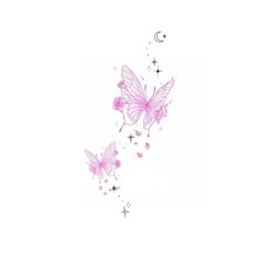 two pink butterflies flying in the sky with stars and moon tattoos on their back side