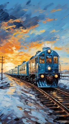 a painting of a train traveling down the tracks in the snow at sunset or dawn