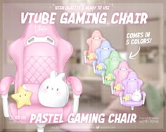 the video game chair is pink and has pastel gaming chairs with stars on them