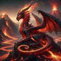 a red and black dragon sitting on top of a mountain with lava in the background