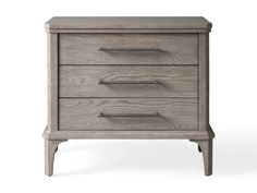 a grey wooden nightstand with two drawers and one drawer on the bottom, in front of a