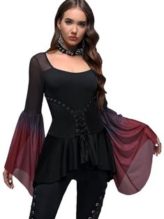 PRICES MAY VARY. Featurel--Gothic style, lace-up, costume top, long sleeves, flounce, colorblock, two tone, mesh panel Matching--This gothic top can be worn not only with jeans, flares, shorts, and skirts. as everyday fashionable wear but also with hats, broomsticks, necklaces, boots, etc. as a witch role play on Halloween. Also, a Renaissance costume or carnival costume is also a good option. Occasions--This long sleeves tee is suitable for daily, halloween witch costume, Renaissance costume, c Bell Sleeves Top, Plus Size Gothic, Gothic Costume, Gothic Tops, Ombre Lace, Flared Sleeves Top, Rose Gal, Flare Sleeves, Sleeves Top