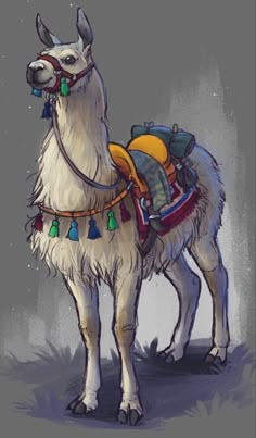 a white llama with a backpack on it's back