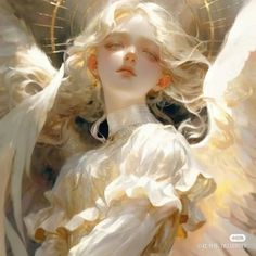 an angel with long blonde hair and white wings is shown in this artistic painting style