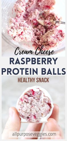 raspberry protein balls in a glass bowl with text overlay that reads, cream cheese raspberry protein balls healthy snack