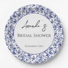 a blue and white plate with the words amanda and bridal shower on it