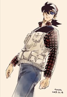 an anime character with black hair and blue eyes, wearing a plaid shirt and jeans