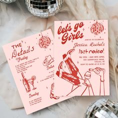 two red and white party flyers sitting on top of a table next to disco balls