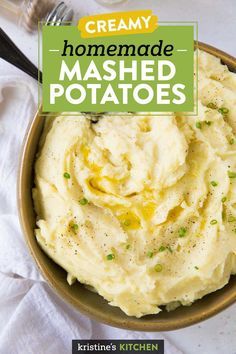 a bowl filled with mashed potatoes on top of a white tablecloth and text overlay