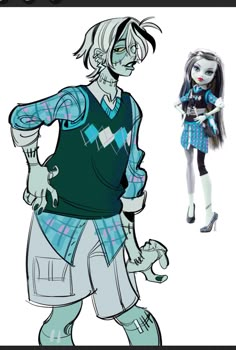 a drawing of a girl with long hair standing next to an animated character in front of a white background