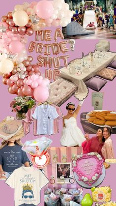 a collage of photos with balloons, cake and other items on the table for a bridal party