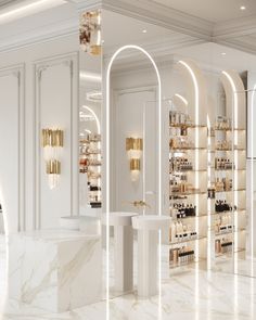 the interior of a cosmetics store with marble floors