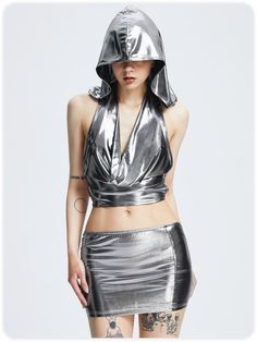 An exclusive offer for you——Affordable prices at Kollyy store, SPU: 48Q1TW5C8244, Color: Silver, Edition type:Tight, Sets Type:Top With Skirt. Galactic Photoshoot, Black And White Aesthetic Grunge, White Aesthetic Grunge, Black And Silver Outfits, Silver Clothes, Outfit Shein, Silver Outfits, Silver Pants, Plain Hoodies